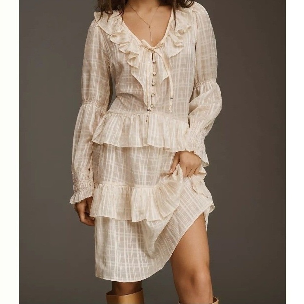 Anthropologie Sheer Ruffled Tiered Tunic Midi Dress Ethereal Boho Cream L